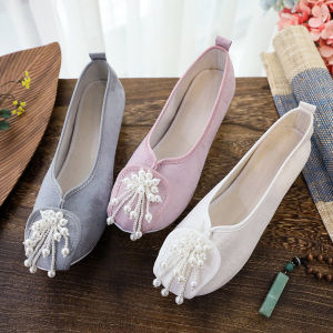 Elegant Round-Toe Single Shoes for Women Vintage Style Fairy Tale Pearl Tassel Hanfu Shoes New Arrival Versatile Flat Ballet Flats
