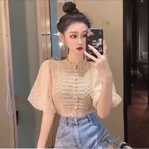 อารมณ์ฝรั่งเศสฟองแขนลูกไม้ด้านบนผู้หญิงฤดูร้อนการออกแบบใหม่ รู้สึกกลุ่มเล็บลูกปัดเสื้อชีฟอง