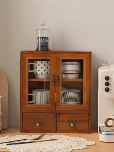 Solid Wood Retro Wooden Double Door Display Cabinet Sundries Cosmetics Storage Cabinet Drawer Desk