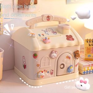 Bafada Creative Piggy Bank Square Saving Money Boxes Small House Coin Bank With Lock And Key Childrens Storage Box Cute Cartoon Sticker For Toys Gifts