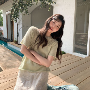 Green Crochet Lace Short Sleeve Loose Fit Casual Top