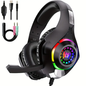 Gaming Headset for PC PS4 PS5 Gaming Headphones with Noise Cancelling Mic RGB Light Bass Surround Soft Memory Earmuffs Over