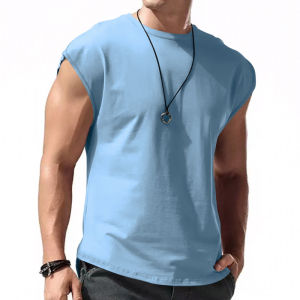 Mens Summer New Sleeveless T-shirt Casual Loose Thin Shoulder T-shirt Pure Color round Neck Custom/DIY No Brand Registered Trademark