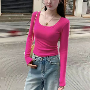 เสื้อยืดคอกลมแขนยาวทรงสลิมฟิตสำหรับผู้หญิง ทรงสลิมฟิต สีดำ ทรงเข้ารูป แฟชั่นฤดูใบไม้ร่วง เสื้อผ้าทำงาน ผ้าฝ้าย สไตล์สาวฮอต