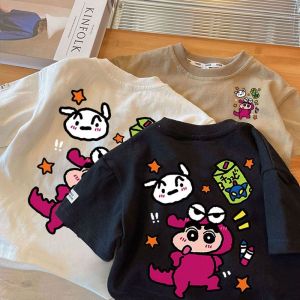 ผ้าฝ้าย Buqiu การ์ตูนพิมพ์เสื้อยืดสําหรับผู้ชายและผู้หญิงหลวม K-สไตล์แขนสั้นฤดูร้อนเสื้อผ้าดูดซับเหงื่อ Crewneck TOP