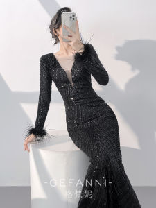 New Autumn/Winter Long Sleeve Ostrich Feather Evening Dress