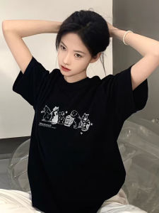 Áo Thun Tay Ngắn Cotton Nguyên Chất Cổ Tròn Dáng Rộng Phong Cách Hàn Quốc Mùa Hè Cho Nữ Thiết Kế Tay Lửng in Họa Tiết