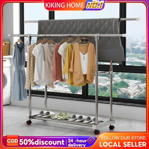 Double-pole Stainless Steel Clothes Drying Rack Retractable and Movable Double-layer Cloth Hanger Indoor And Outdoor Clothes Hanger Shoe Rack