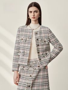 HR | Elegant Short Coat HR Helena French Style Womens Autumn New Coarse Tweed High Fashion Sensation Button Detail Plaid Shirt
