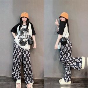 COD Casual Sets Terno for Women Korean Fashionable Letter Simple Style Short Sleeve Wide Leg Pants