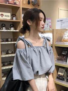 Trendy Korean Striped Shirt Womens Student Bow Tie Short Sleeve Loose One Shoulder Top Summer 2024 New Arrival Fashion
