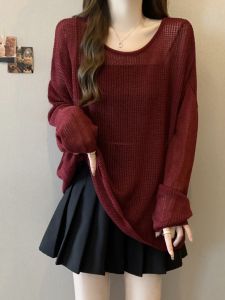 เสื้อสเวตเตอร์ถักแขนยาวผู้หญิงฤดูใบไม้ผลิและฤดูใบไม้ร่วง ทรงหลวม คอกลม สีแดง เสื้อผ้าทำงาน แฟชั่นฤดูใบไม้ร่วง