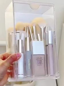 Acrylic Makeup Brush Holder with Dustproof Lid Divided Compartments Clear Cosmetic Storage Box for Brushes And Accessories