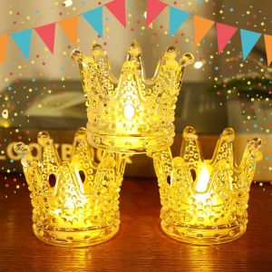 2PCS Warm Light Birthday Crown LED Candle Light Flameless Transparent Candle Atmosphere Light Electronic Light Church Christmas Wedding Party Decoration Birthday Gift