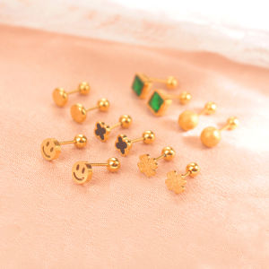 Mini Ear Bone Studs Titanium Steel Screw Tightening Buckle Thin Needle Stud Earrings Female Smiley Face Fu Word Ball Sleep No Need to Take off Golden Earrings