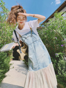 ชุดเดรสยาวผ้าเดนิมสไตล์เกาหลีสำหรับผู้หญิงในฤดูร้อน 2025 ชุดเดรสกระโปรงทรงเอแขนกุดคอวีสีพื้นแบบลำลองสำหรับวัยรุ่น