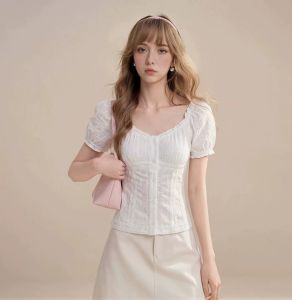 QIAOJIAOYA | Áo Ngắn Tay Dáng Ôm Viền Ren