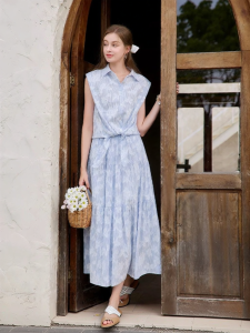 XIANGYING | Blue Striped Holiday Style Shirt Set