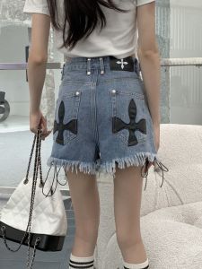 Plus Size Slightly Oversized Girls Cruciate Flower Wandering Denim Shorts Female Online Influencer Ins High Waist Slimming outside Wear Wide Leg A- line Hot Pants