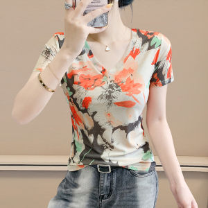 Yimei trang phục mùa hè 2025 in hoa cổ điển lưới áo thun tay ngắn cho bà mẹ ôm gọn phong cách đa năng Áo Thun Cơ Bản