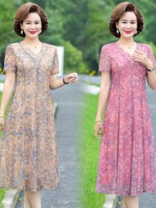 Summer 2025 New Short Sleeve Floral Chiffon Dress A-Line Skirt for Middle-Aged And Elderly Women Slimming Small Mothers Dress