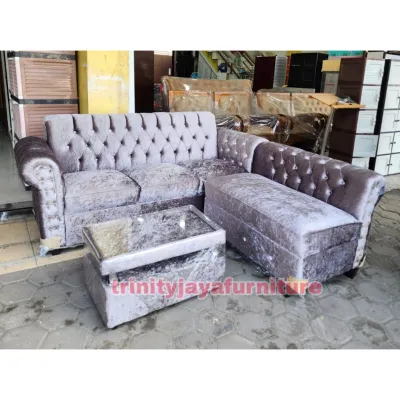Sofa L Kancing Bahan Kain Bludru Lembut/trinityjayafurniture