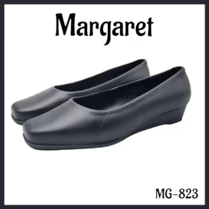 Margaret New York Elegant Black PU Leather Wedge Heels with Square Toe and Non-Slip Sole for Ladies