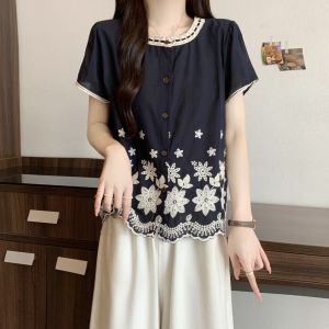 AIYITI | Age-defying Embroidered Short-sleeved Blouse for Plus Size Tummy-concealing Round-collar