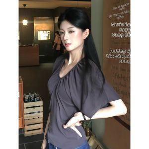 QIANMANZI | Áo Nữ Dáng Suông Cổ V Rút Nơ Tay Ngắn