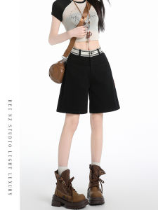 กางเกงขาสั้นผ้ายีนส์ทรงเอเอวสูงสีดำ ทรงหลวม ทรงตรง ทรงขาบาน กางเกงขายาวทรงหลวมสำหรับผู้หญิงในช่วงฤดูร้อน