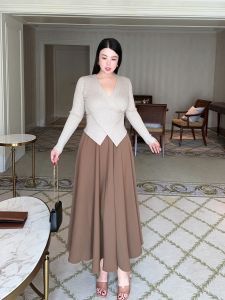 Café Brown A-Line Midi Skirt plus Size Conceal Meat Slimming High Waist Hip Covering Half Body Skirt Design Sense Oversized