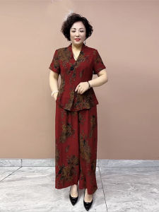 Silk Floral Print Set for Mom Summer New Short Sleeve V-Neck High Waist Wide Leg Pants And Skirt Cover Belly Two-Piece Suit