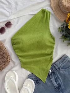 Áo Thun Nữ Mùa Hè Cổ Bất Đối Xứng Kiểu Dáng Ngắn Chất Liệu Polyester Co Giãn Cao Phong Cách Y2K Màu Trơn Chất Liệu Dệt Kim
