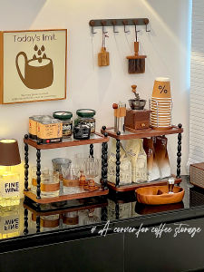 Retro Style Solid Wood Coffee Corner Decoration Rack Cup Holder Coffee Machine Display Stand Storage Cabinet Home Furniture