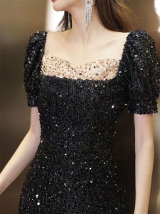 Elegant Black Evening Gown Womens New 2025 Party Host Dress Luxury Sparkling Miniature Dress Korean Style mid Waist Long Skirt