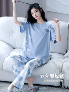 Pure Cotton Summer Womens Sleepwear Short Sleeve Long Pants Home Clothes Set Vitality Cartoon Print Lightweight Comfortable