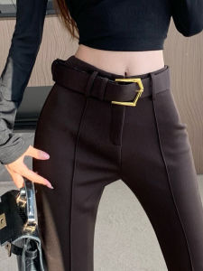 Retro Coffee Color Woolen Skinny Suit Pants Women Autumn and Winter Versitile Fashion Slim fit High-Waisted Trousers Drape Mopping Floor Horseshoe Pants