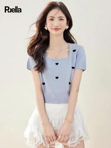 puella | Áo Thun Tay Ngắn Cổ Vuông Thiết Kế Tim Stereoscopic