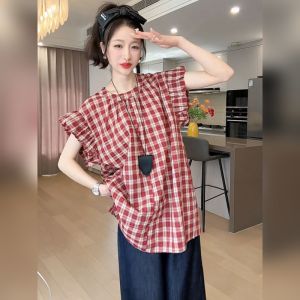 YUFUQING | Korean Retro Plaid Womens Shirt Summer New Fashion Casual Versatile Personality Top High Waist Loose Fit Daily Polyester Fiber