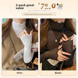 Womens Mesh Base Shirt Long Sleeve Half High Collar Inner Wear Spring Autumn 2025 New Style Layered Lace Small Shirt