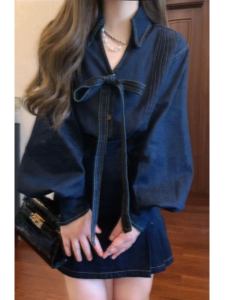 Đầu Tiên Mùa Thu Vintage Cổ Chữ V Denim Bộ Tay Áo Dài Áo Nửa Váy Bộ Hai Mảnh Hệ Thống Muối Có Độ Trưởng Thành Nhẹ Thời Trang Sành Điệu Hòa Hợp