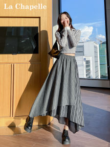 La Chapelle Asymmetric High Waist A-Line Midi Skirt Womens Striped Half-length Skirts Korean Style Slimming Autumn Fashion