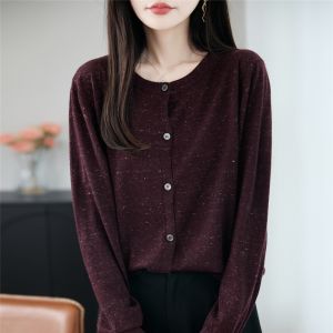 เสื้อคาร์ดิแกนถักคอตั้งทรงหลวมสไตล์ลำลองสำหรับผู้หญิง ผ้าขนสัตว์เนื้อนุ่ม ทรงหลวม ปกติ แขนยาว ปกติ ฤดูใบไม้ผลิ 2025