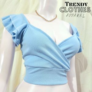 CECILE OVERLAP DOUBLE FABRIC KNITTED RUFFLE SLEEVES CUTE KOREAN BLOUSE