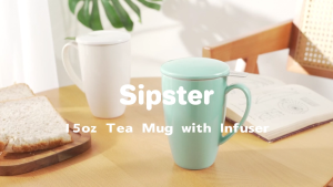 Sipster Porcelain Tea Mug with Infuser and Lid 15 oz - 304 Stainless Steel Infuser Microwave Safe
