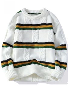 ROMON | Loose Fit Round Neck Knitted Sweater Thickened Casual Style Winter Youth Fashion Warm Striped Mens Knitwear By Romon
