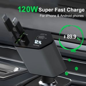 PD Car Charger 120W Quick Charger With 2 Retractable Cables Type C Fast Car Charger Voltmeter 4 in 1 Power For Phone