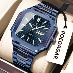 POEDAGAR Top Luxury Brand Male Watch Waterproof Luminous Date Week Quartz Mens Watches Stainless Steel Fashion Square Men Watch