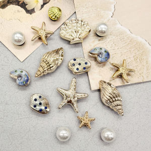 16PCS Ocean Beach Golden Conch Shoe Charms DIY Decorations Bling Shell Shoe Buckles Accessories Starfish Clogs Shoe Clips Decor