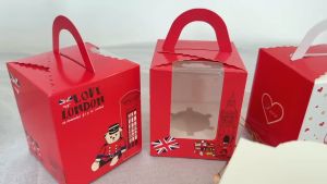 🌻PK🌻กล่องกระดาษคัพเค้ก 1 ช่อง+ฐาน มีหูจับ เจาะช่องหน้าต่าง (พร้อมส่ง)